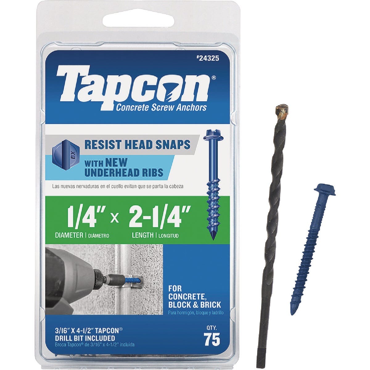 Tapcon 1/4 In. x 2-1/4 In. Hex Washer Concrete Screw Anchor (75-Count) Tapcon 1/4 In. x 2-1/4 In. Hex Washer Concrete Screw Anchor (75-Count)
