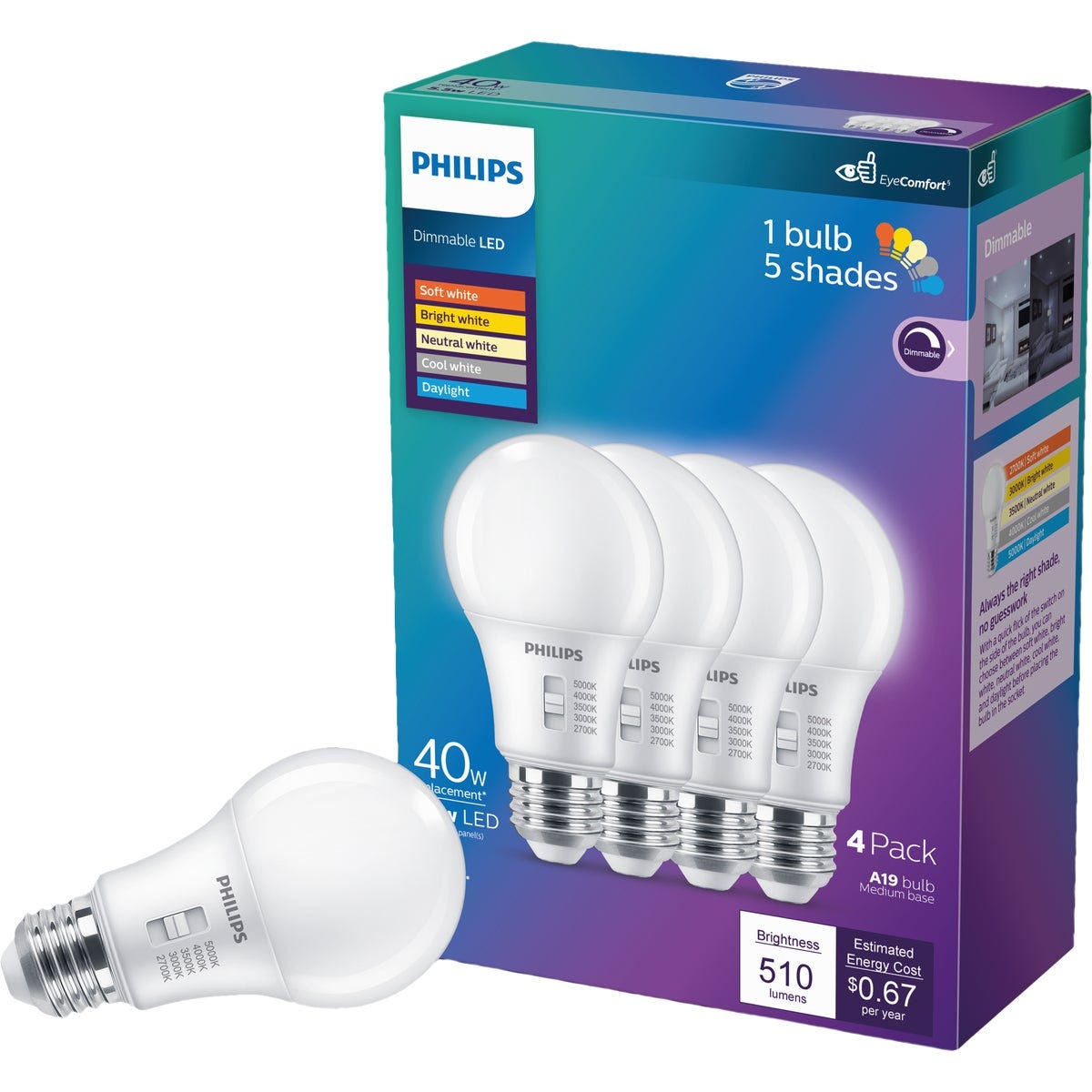 Philips 40W Equivalent 5 CCT A19 Medium Dimmable LED Light Bulb (4-Pack) Philips 40W Equivalent 5 CCT A19 Medium Dimmable LED Light Bulb (4-Pack)