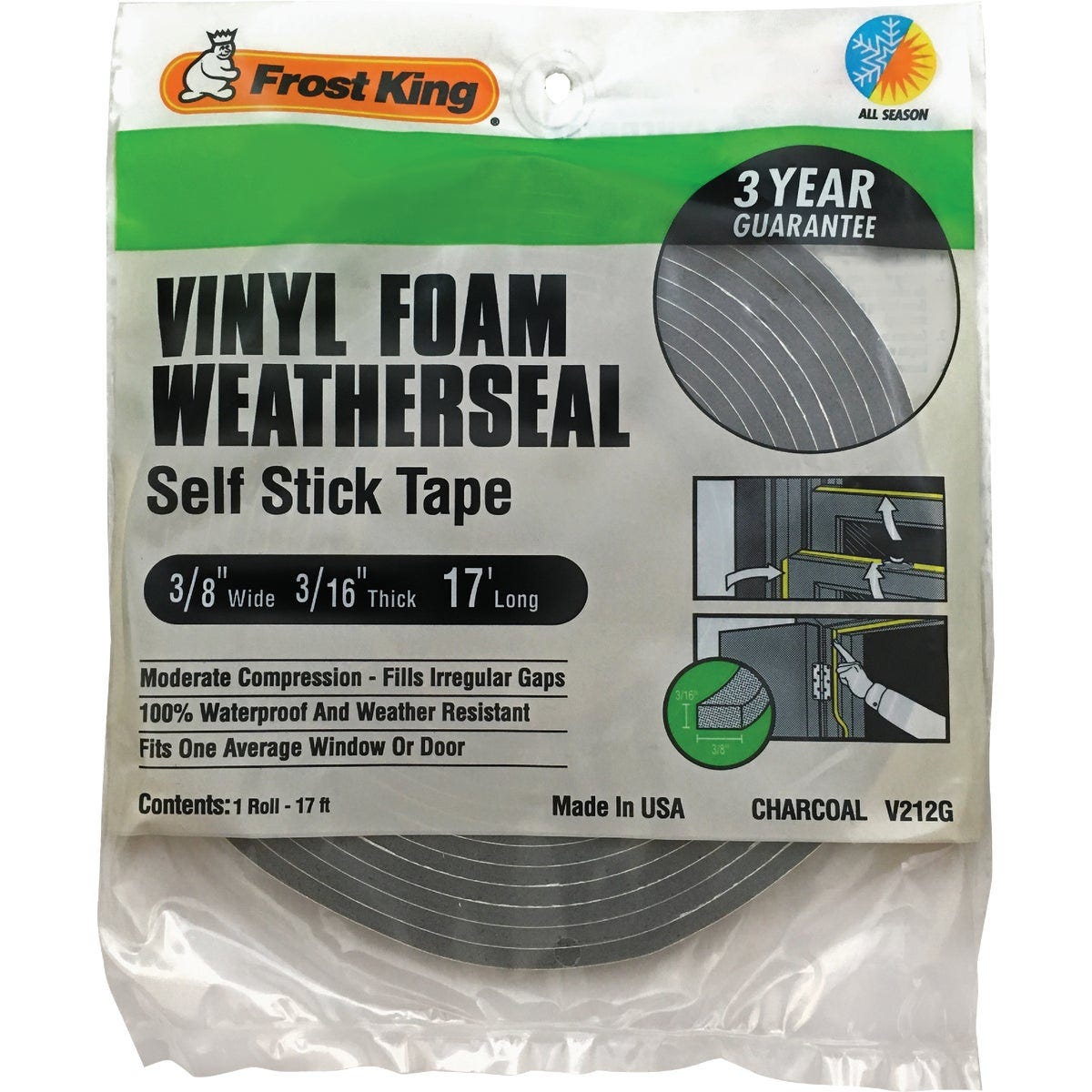 Frost King 3/8 In. W x 3/16 In. T x 17 Ft. L Charcoal Vinyl Foam Weatherstrip Tape - photo 2 Frost King 3/8 In. W x 3/16 In. T x 17 Ft. L Charcoal Vinyl Foam Weatherstrip Tape - photo 2