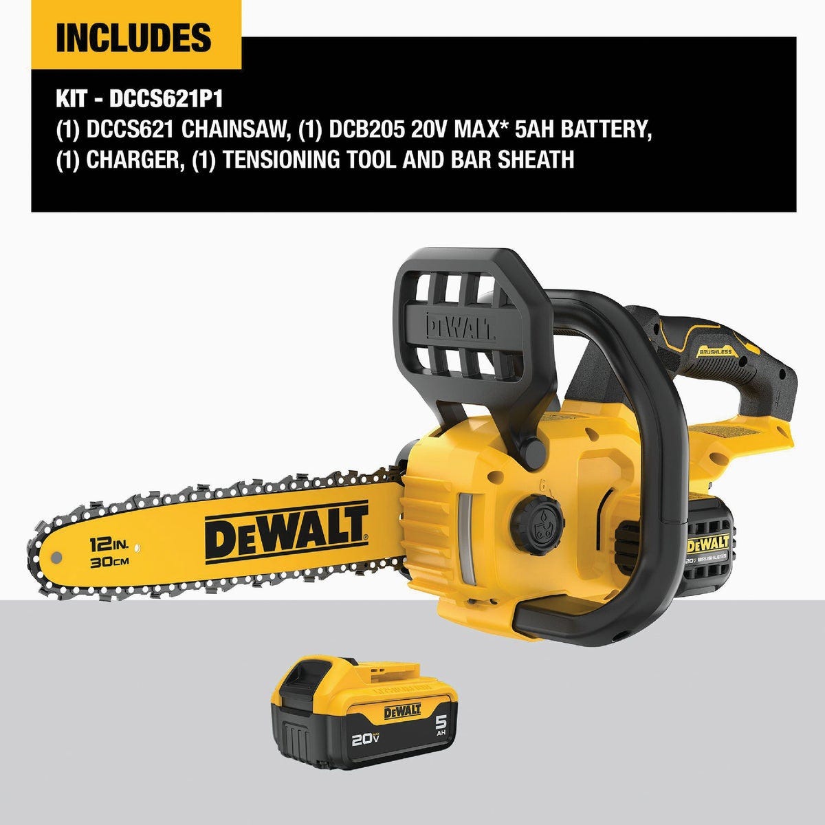 DEWALT 20V MAX Brushless 12 In. Compact Cordless Chainsaw Kit with 5.0 Ah Battery & Charger - photo 3