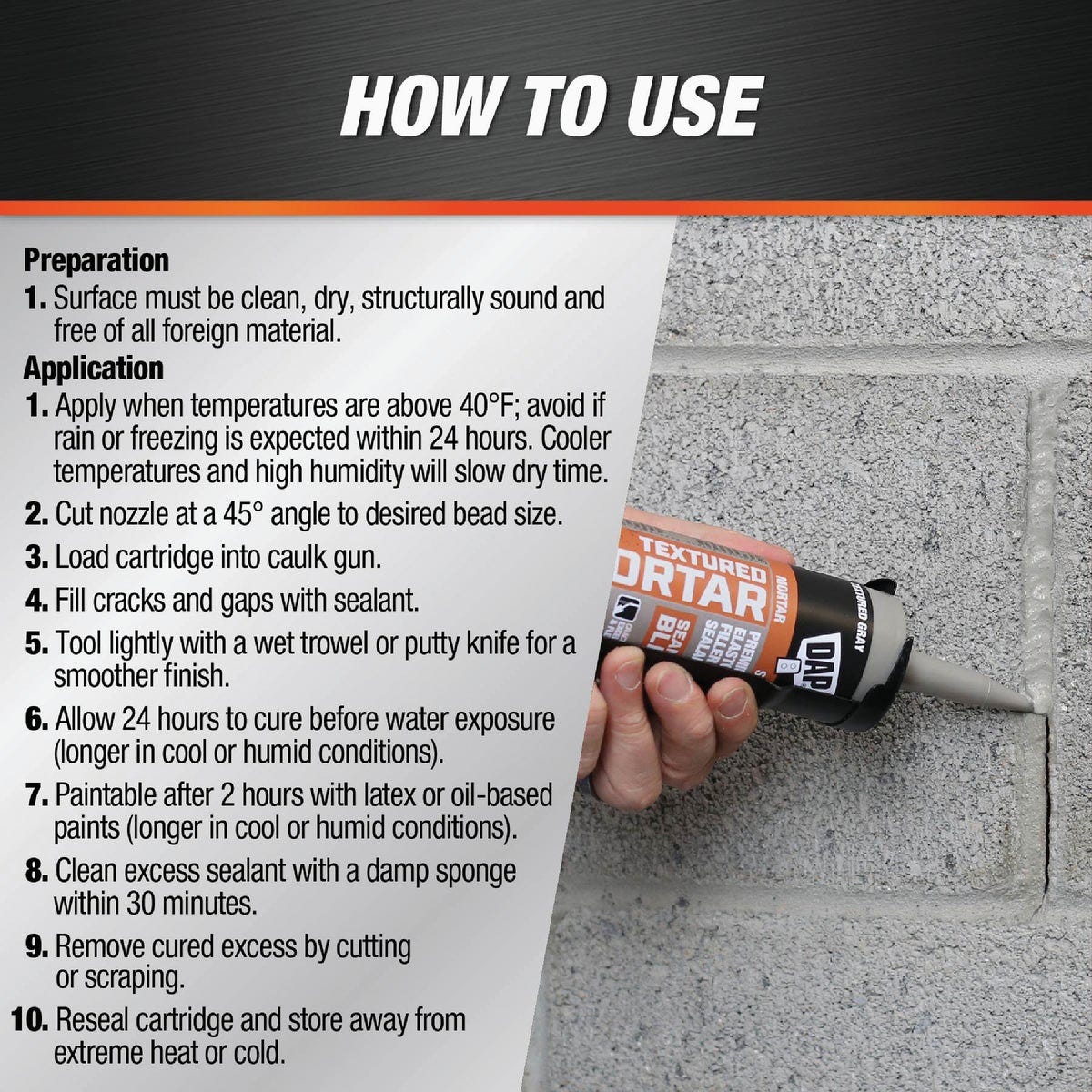 DAP Textured Mortar 10.1 Oz. Gray Premium Elastomeric Filler & Sealant - photo 4