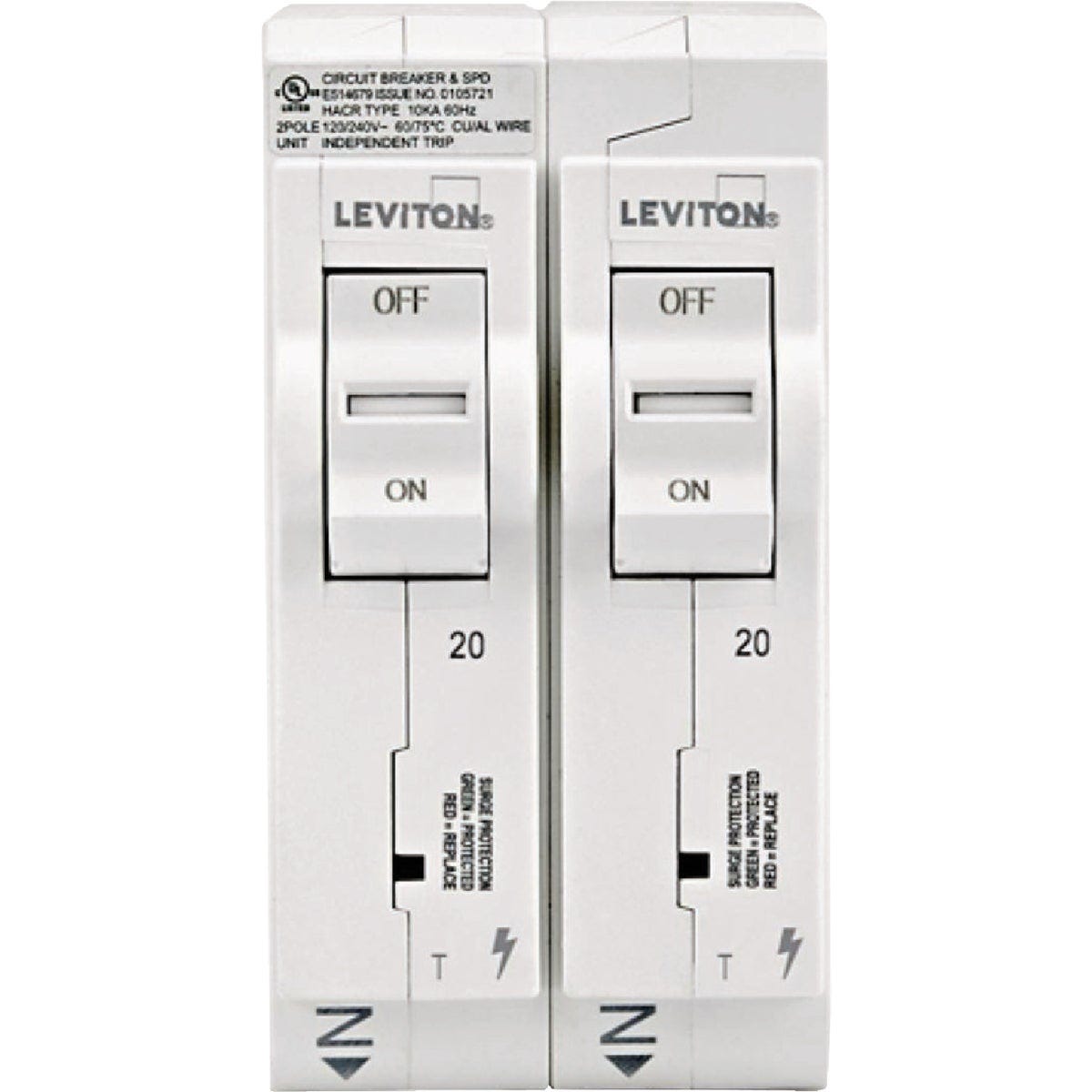 Leviton (2) 20A Single-Pole Thermal Magnetic White Plug-On Standard Branch Circuit Breakers Leviton (2) 20A Single-Pole Thermal Magnetic White Plug-On Standard Branch Circuit Breakers