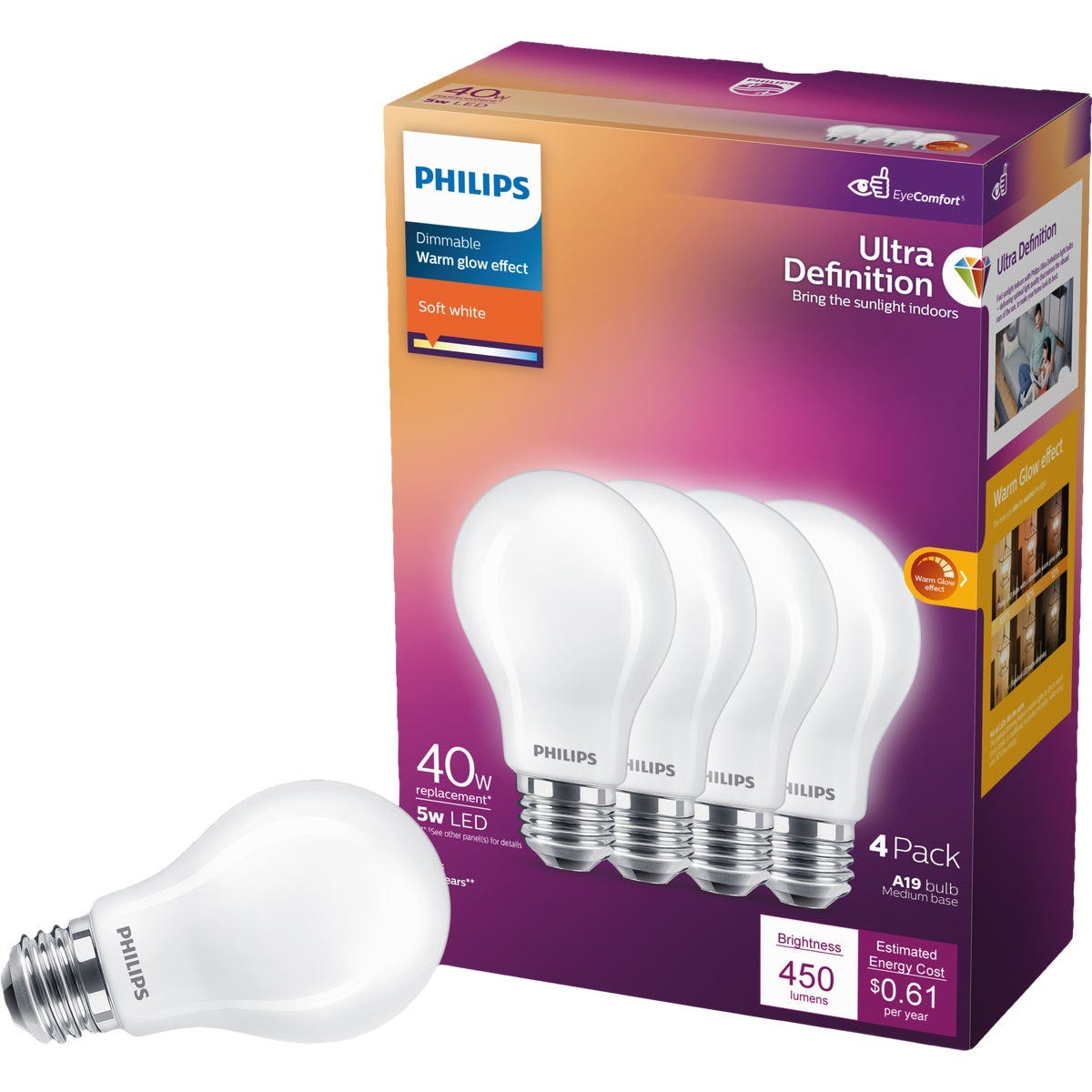 Philips Ultra Definition 40W Equivalent Soft White A19 Medium LED Light Bulb, Frosted (4-Pack)
