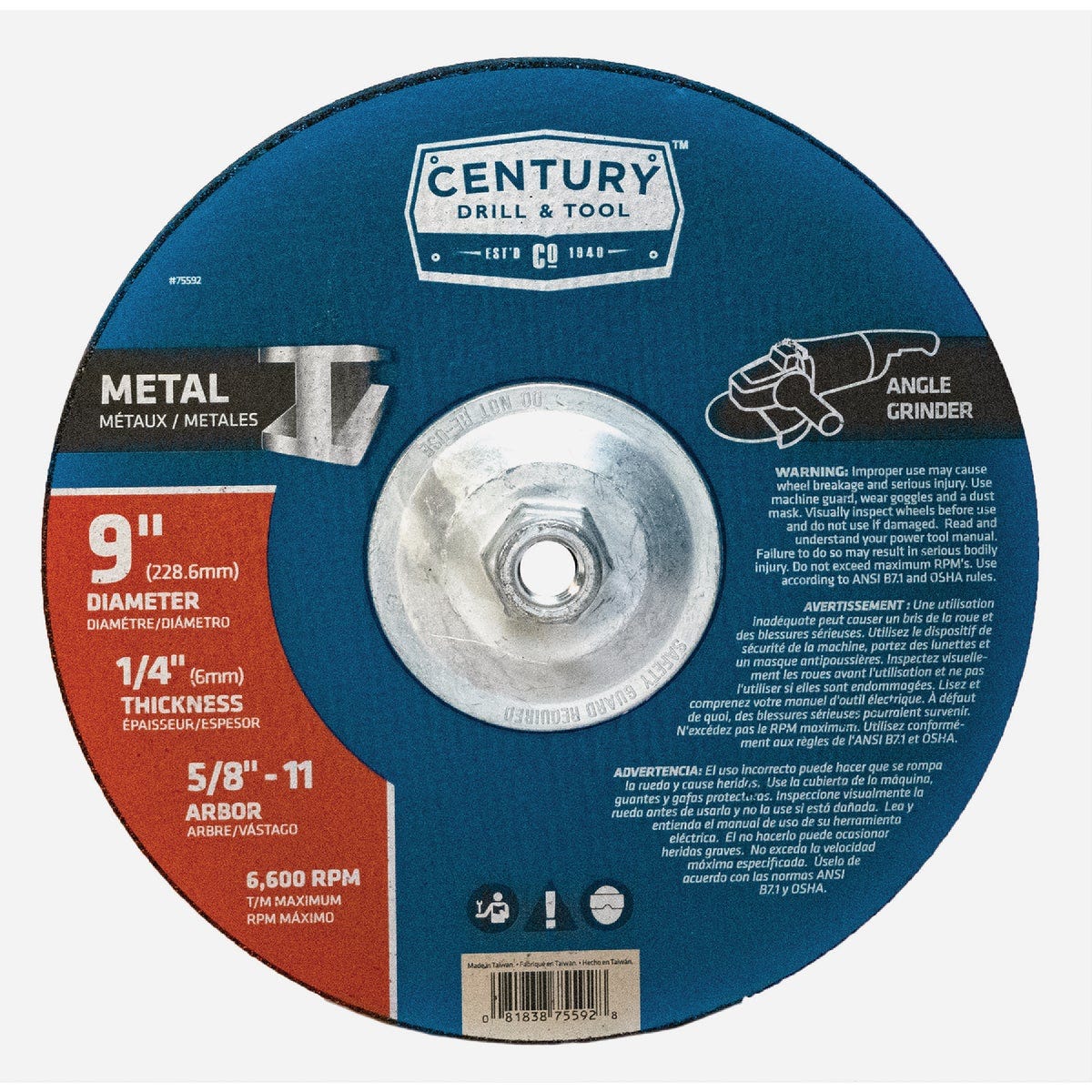 Century Drill & Tool 9 In. x 1/4 In. x 5/8 In.-11 Depressed Center Metal Grinding Wheel