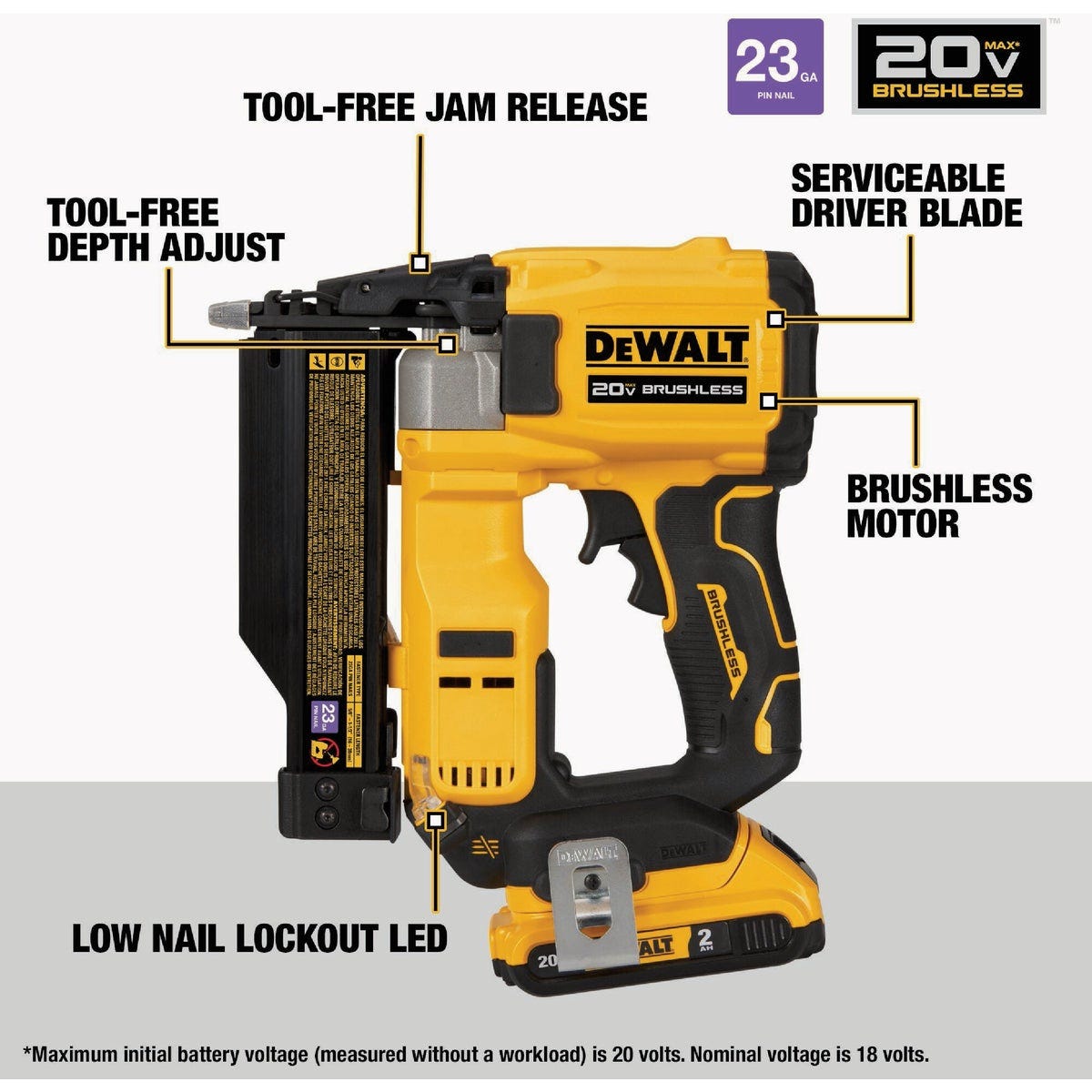 DEWALT ATOMIC Compact Series 20V MAX 23 ga Brushless Cordless Pin Nailer Kit with Battery & Charger - photo 4 DEWALT ATOMIC Compact Series 20V MAX 23 ga Brushless Cordless Pin Nailer Kit with Battery & Charger - photo 4