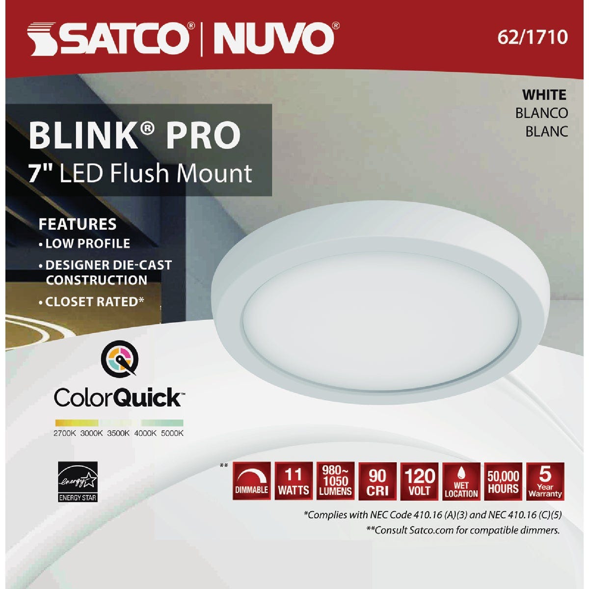 Satco Blink Pro 7 In. White 980 Lm. CCT-Selectable LED Flush Mount Light Fixture - photo 2 Satco Blink Pro 7 In. White 980 Lm. CCT-Selectable LED Flush Mount Light Fixture - photo 2