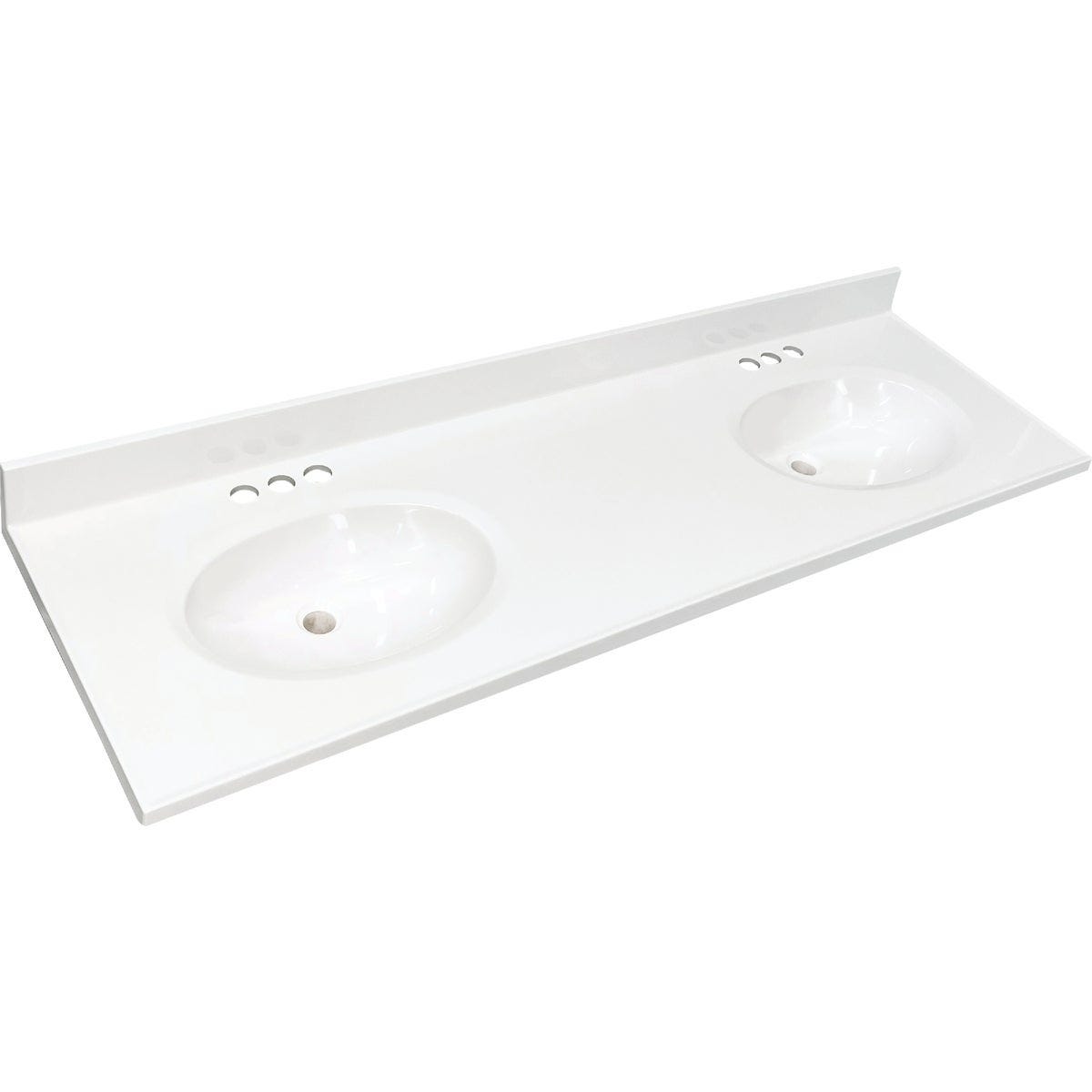 CraftMark 61 In. x 22 In. Cultured Marble Solid High Gloss White Vanity Top with Round Double Bowl CraftMark 61 In. x 22 In. Cultured Marble Solid High Gloss White Vanity Top with Round Double Bowl