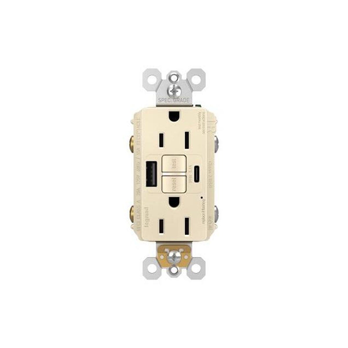 Legrand Pass & Seymour Radiant 15A Light Almond Tamper-Resistant Self-Test GFCI USB Type-A/C Outlet