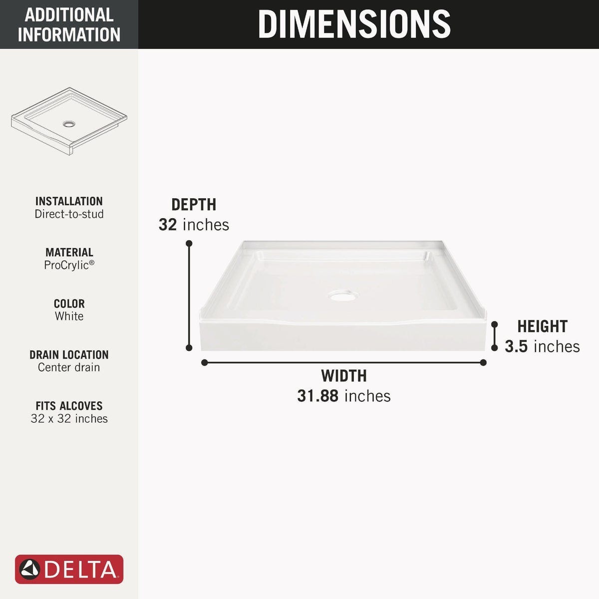 Delta 32 In. x 32 In. Gloss White Classic 500 Shower Base - photo 2 Delta 32 In. x 32 In. Gloss White Classic 500 Shower Base - photo 2