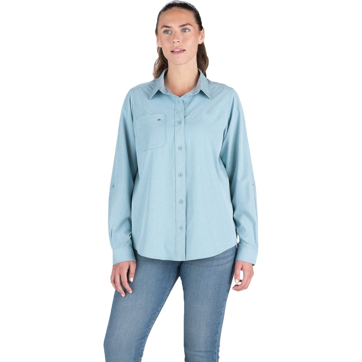 Berne Flex180 Women's Medium Heathered Eggshell Blue UPF Button Down Long Sleeve Shirt