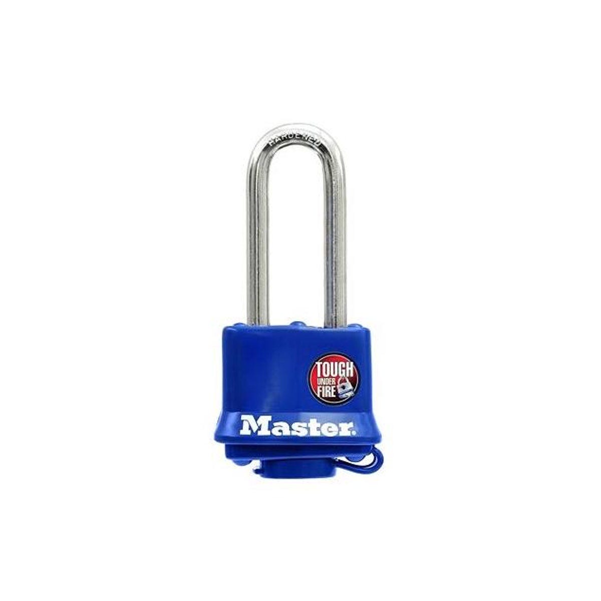 Master Lock 1-1/2 In. Laminated Keyed Padlock with 2 In. Long Shackle & Blue Weatherproof Cover