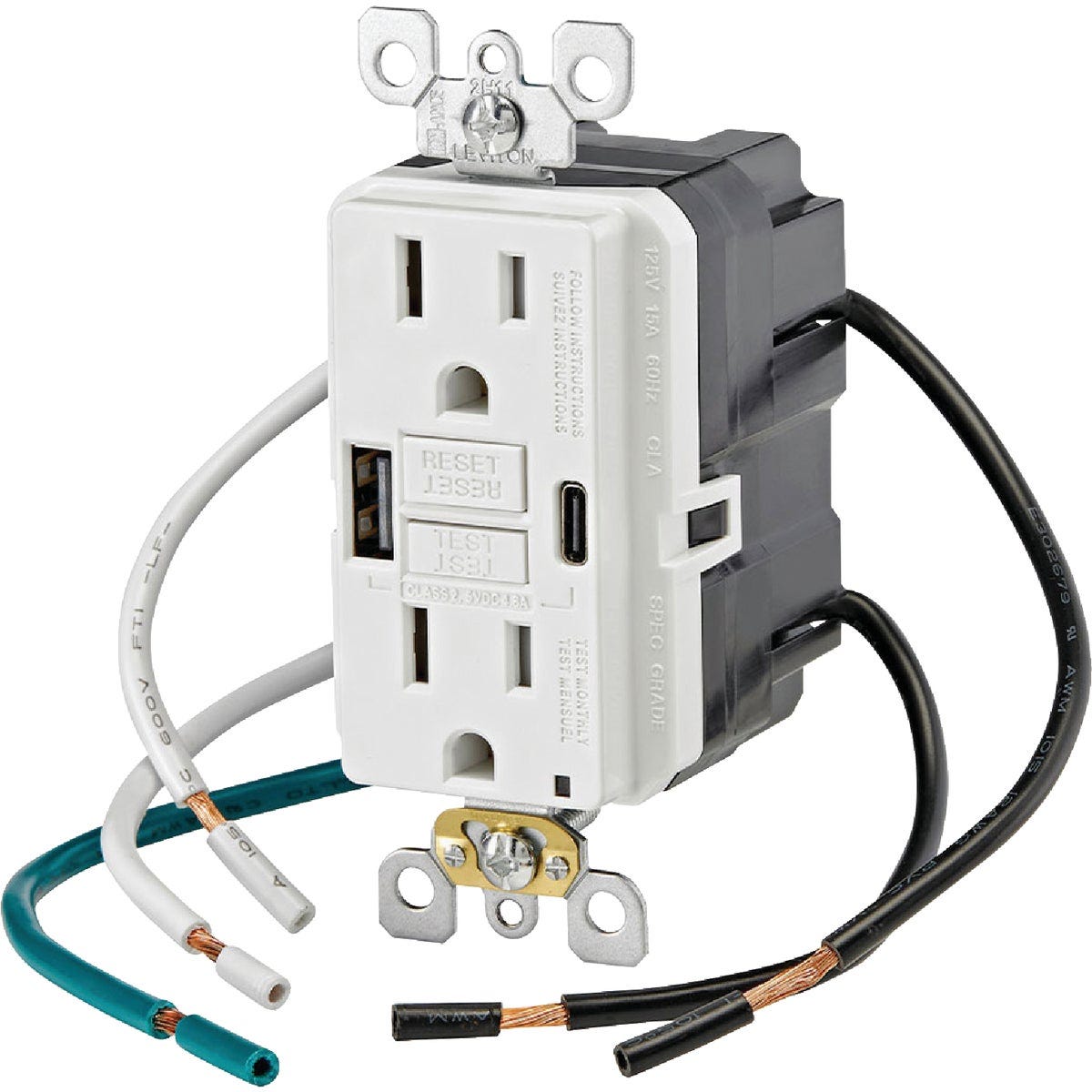 Leviton SmartlockPro White 2-Port USB Charging Outlet with 5-15R Self-Test GFCI In-Wall Charger Duplex Outlet - photo 2