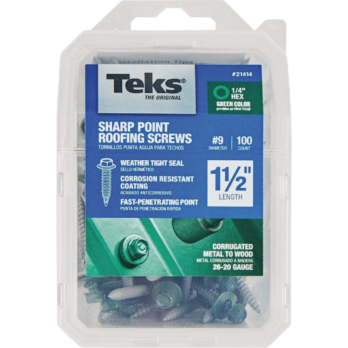 Teks #9 x 1-1/2 In. Hex Washer Head Sharp Point Metal to Wood Green Roofing Screw (100 Ct.)