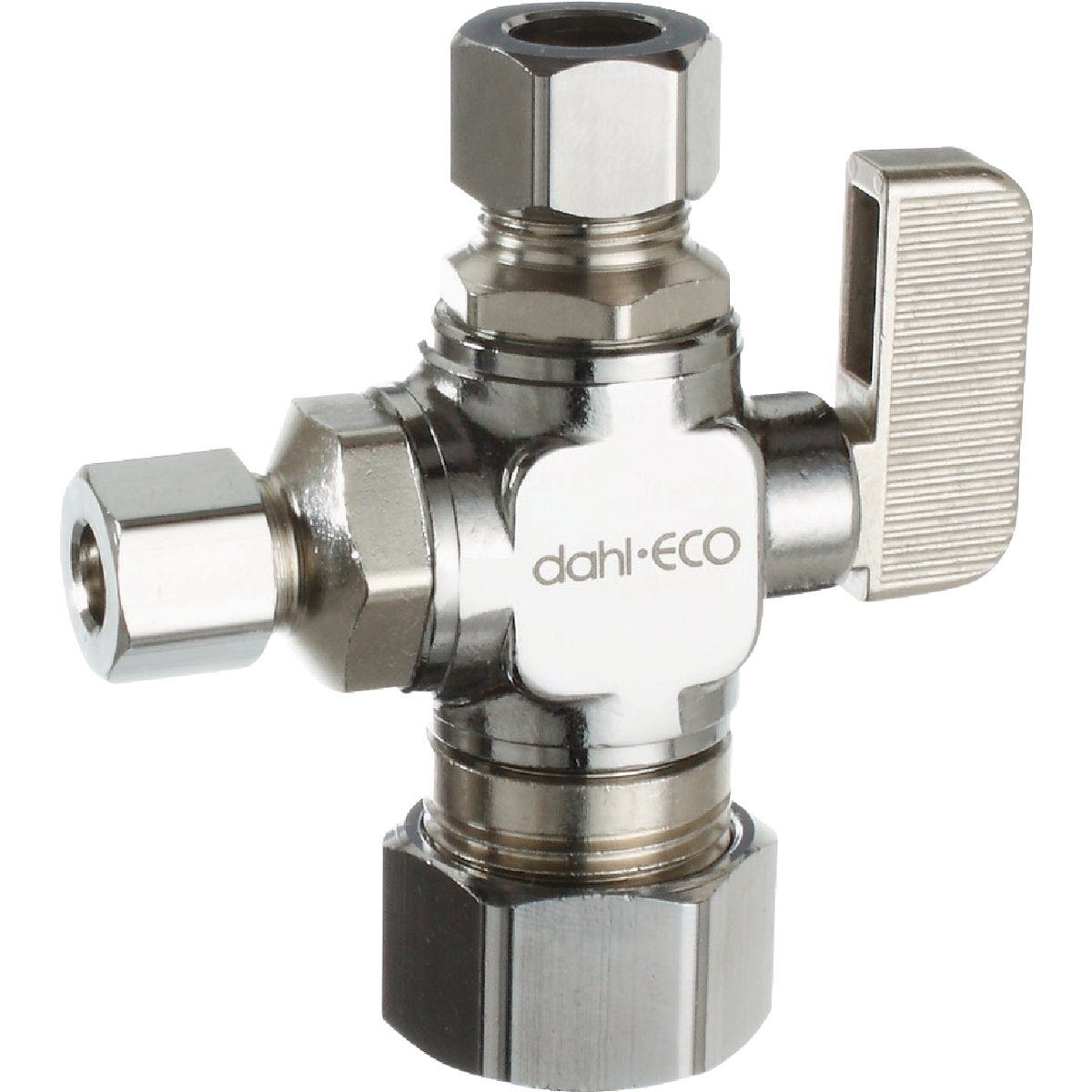 dahl 5/8 In. OD Comp (1/2 In. Nom.) x 3/8 In. OD Comp x 1/4 In. OD Comp Straight Plated Dual Outlet Supply Stop dahl 5/8 In. OD Comp (1/2 In. Nom.) x 3/8 In. OD Comp x 1/4 In. OD Comp Straight Plated Dual Outlet Supply Stop