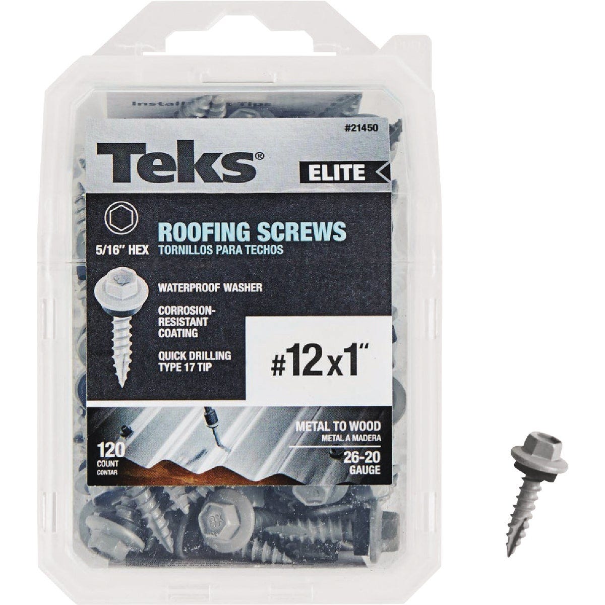 Teks Elite #12 x 1 In. Hex Washer Head Sharp Point Metal to Wood Roofing Screw (120-Count) Teks Elite #12 x 1 In. Hex Washer Head Sharp Point Metal to Wood Roofing Screw (120-Count)