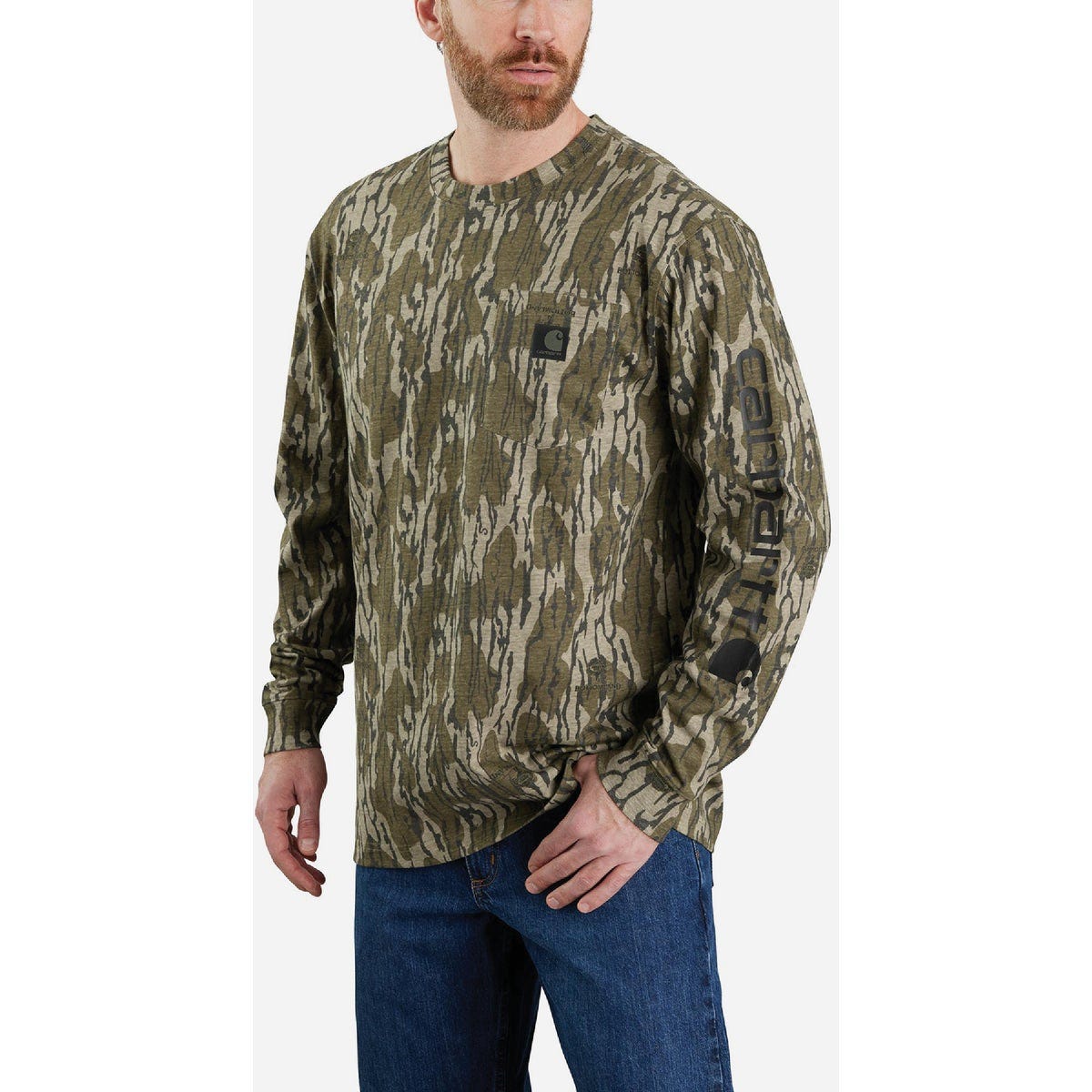 Carhartt Men's XL Regular Mossy Oak Bottomland Camo Long Sleeve Heavyweight Pocket Camo Logo Graphic T-Shirt, Loose Fit