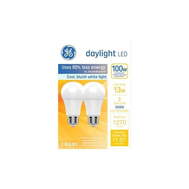 GE 13W Bluish White Daylight A19 Medium Base LED Light Bulb (2-Pack)