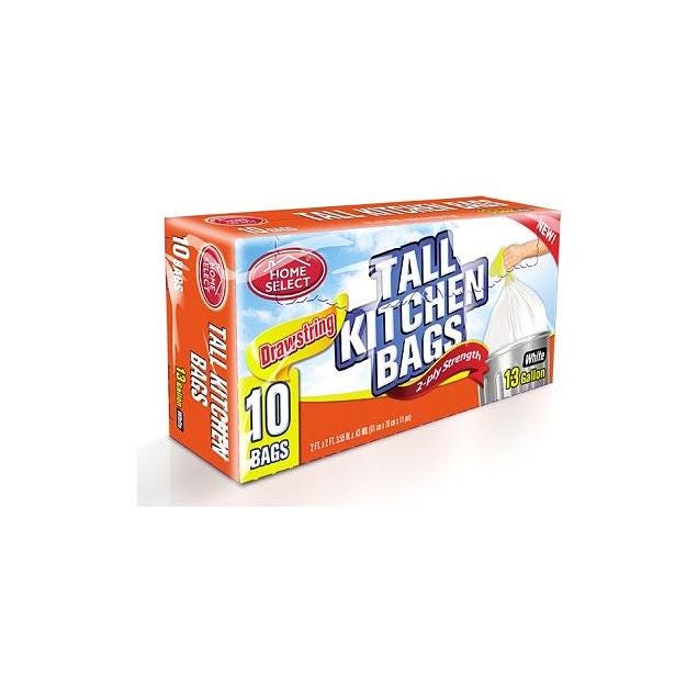 Home Select 10-Ct. 13-Gal. White Drawstring Tall Kitchen Trash Bags