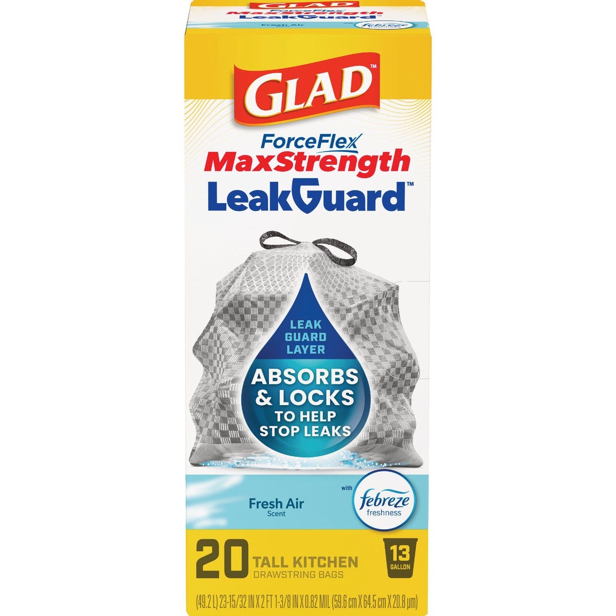 Glad 13 Gal. ForceFlex MaxStrength LeakGuard Tall Kitchen Drawstring Trash Bags, Fresh Air Scent (20-Count) Glad 13 Gal. ForceFlex MaxStrength LeakGuard Tall Kitchen Drawstring Trash Bags, Fresh Air Scent (20-Count)