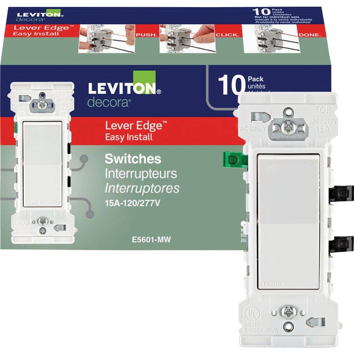 Leviton Decora Lever Edge Residential Grade 15A Rocker Single Pole Switch, White (10-Pack) Leviton Decora Lever Edge Residential Grade 15A Rocker Single Pole Switch, White (10-Pack)