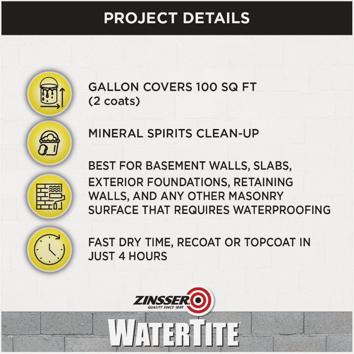 Zinsser WaterTite Professional Bright White Mold and Mildew-Proof Waterproofing Paint, 1 Gal. - photo 3