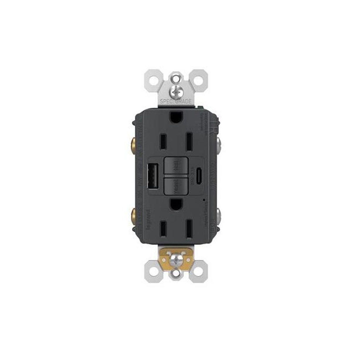 Legrand Pass & Seymour Radiant 15A Graphite Tamper-Resistant Self-Test GFCI USB Type-A/C Outlet