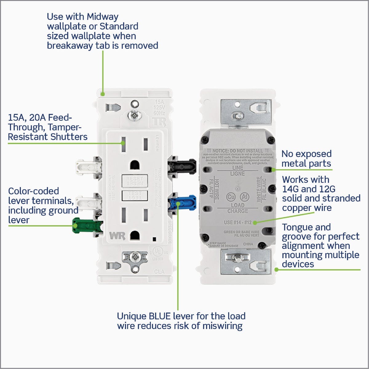 Leviton Lever Edge Self-Test 15A Tamper/Weather-Resistant GFCI Duplex Outlet - photo 4 Leviton Lever Edge Self-Test 15A Tamper/Weather-Resistant GFCI Duplex Outlet - photo 4