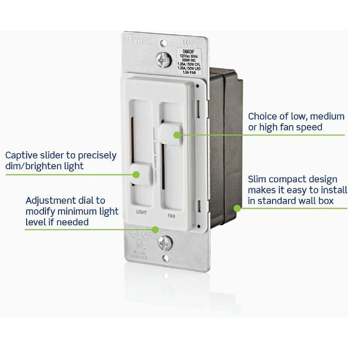 Leviton Decora SureSlide Fan & Incandescent/Halogen/LED Light White Slide Dimmer Switch - photo 2