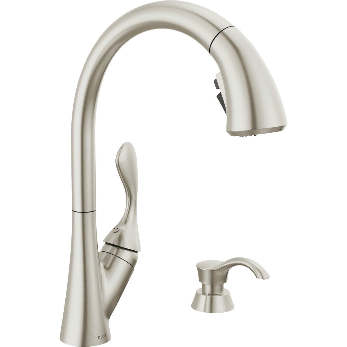 Delta Ashton Stainless Steel High-Arc Kitchen Faucet With Pull-Down ShieldSpray + Soap Dispenser Delta Ashton Stainless Steel High-Arc Kitchen Faucet With Pull-Down ShieldSpray + Soap Dispenser