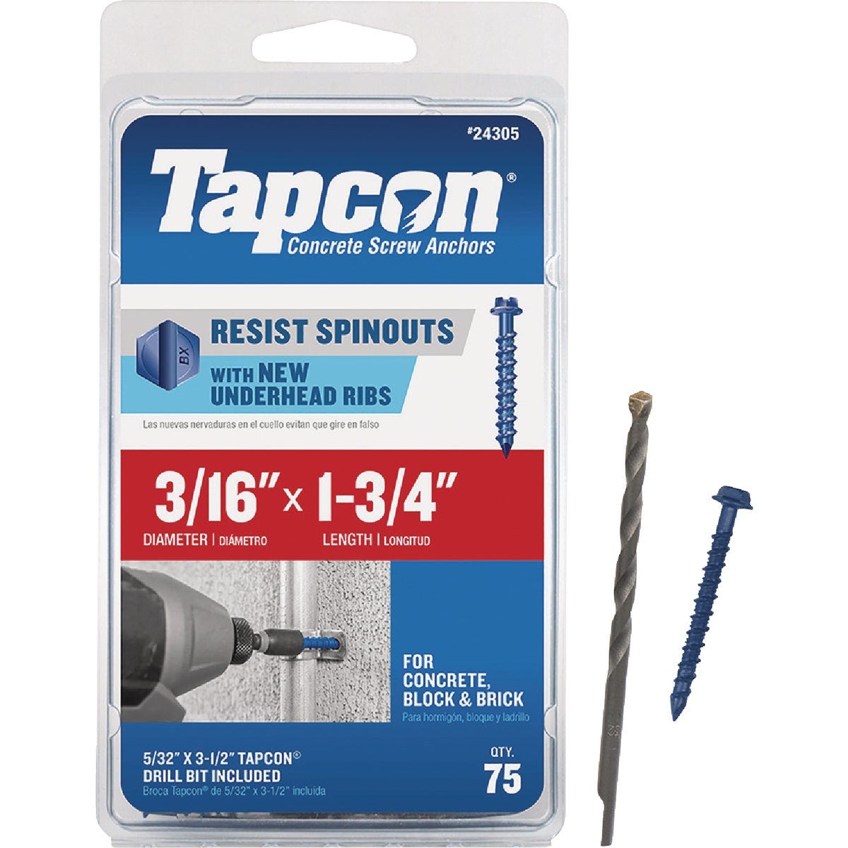 Tapcon 3/16 In. x 1-3/4 In. Hex Washer Concrete Screw Anchor (75-Count) Tapcon 3/16 In. x 1-3/4 In. Hex Washer Concrete Screw Anchor (75-Count)