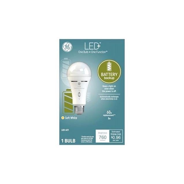 GE 8W A21 Medium Base 760 Lumens LED+ Battery Back Up Bulb GE 8W A21 Medium Base 760 Lumens LED+ Battery Back Up Bulb