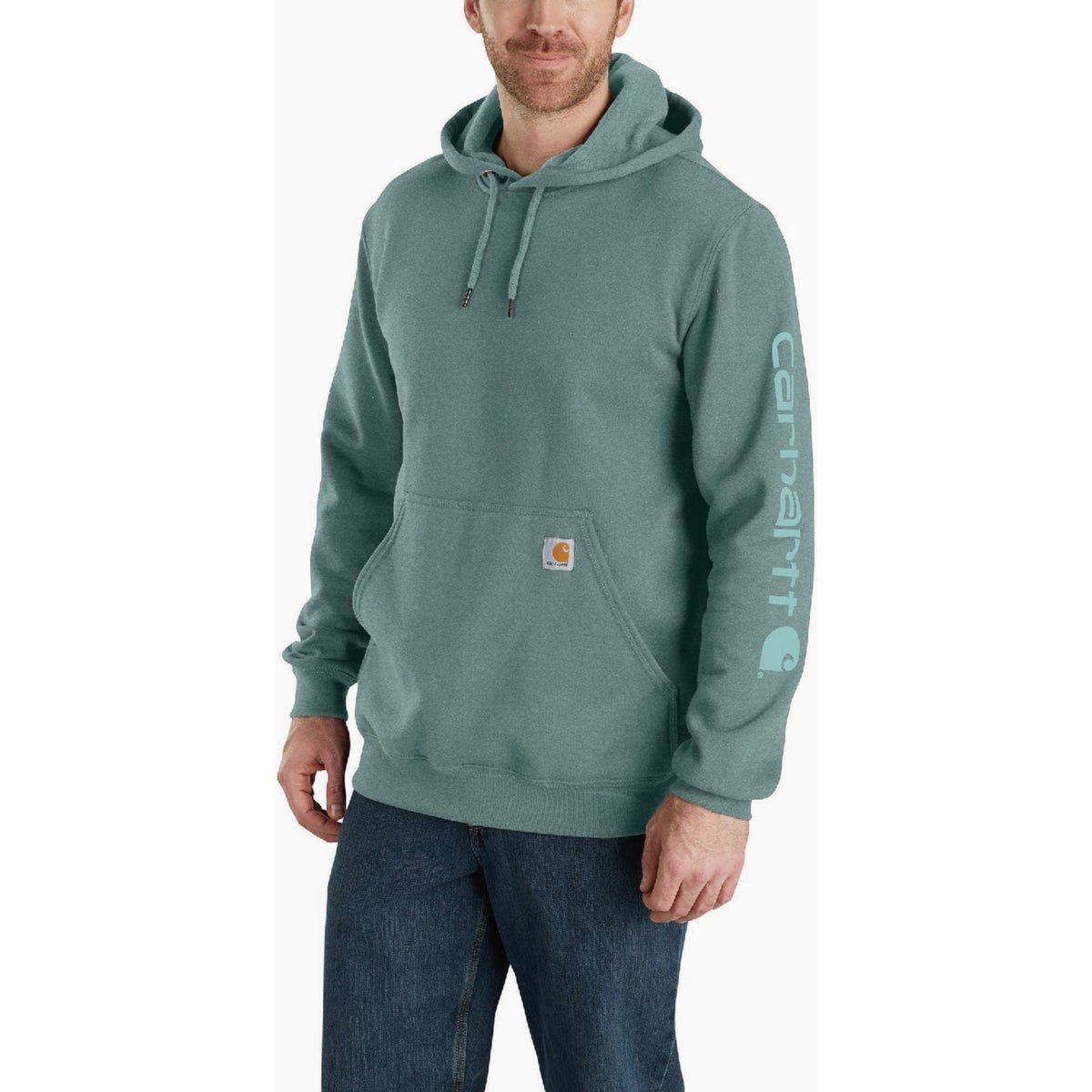 Carhartt Men's Small Regular Sea Pine Heather Midweight Logo Sleeve Graphic Pullover Hooded Sweatshirt, Loose Fit - photo 2