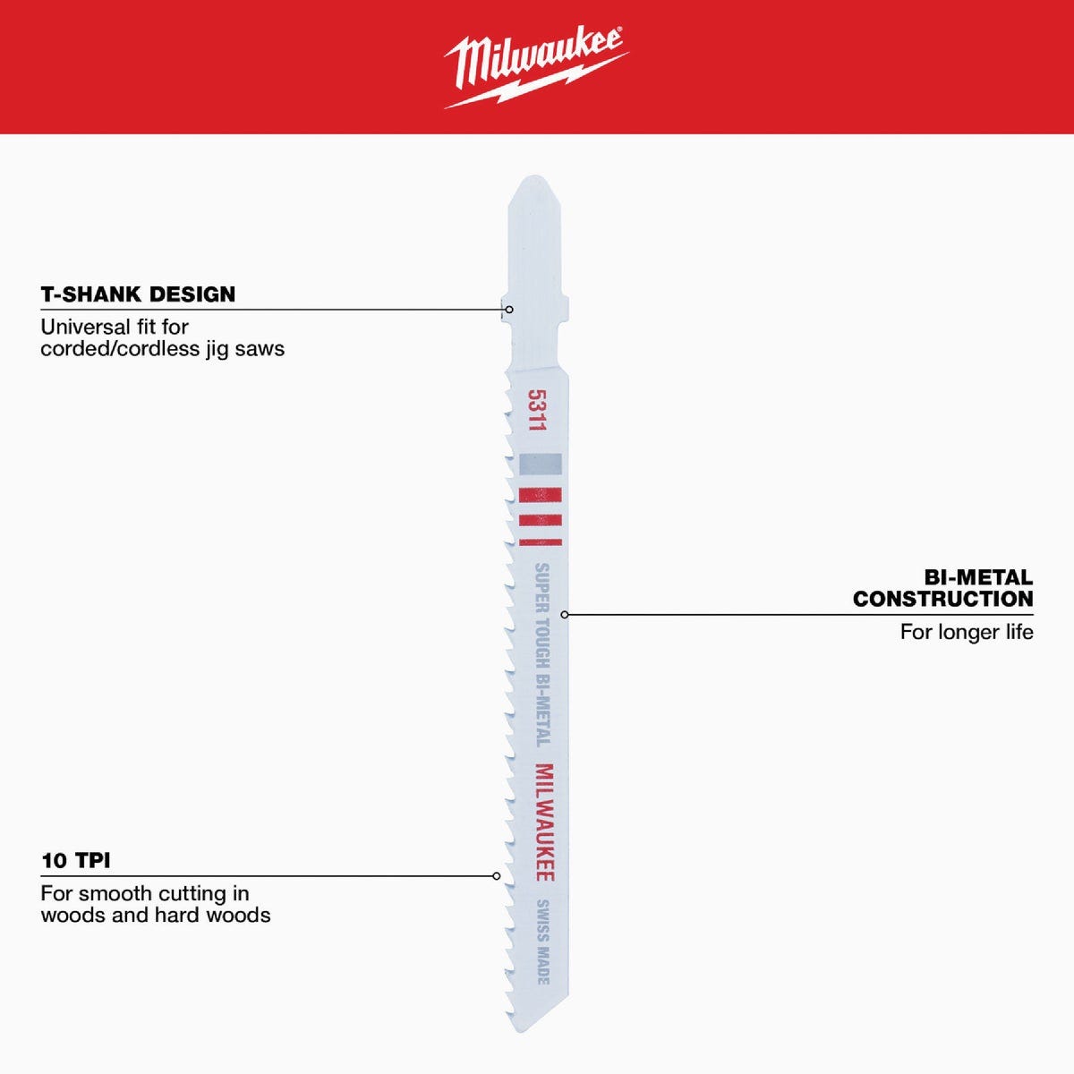 Milwaukee T-Shank 4 In. x 10 TPI Bi-Metal Jig Saw Blade, Wood Cutting (5-Pack) - photo 4