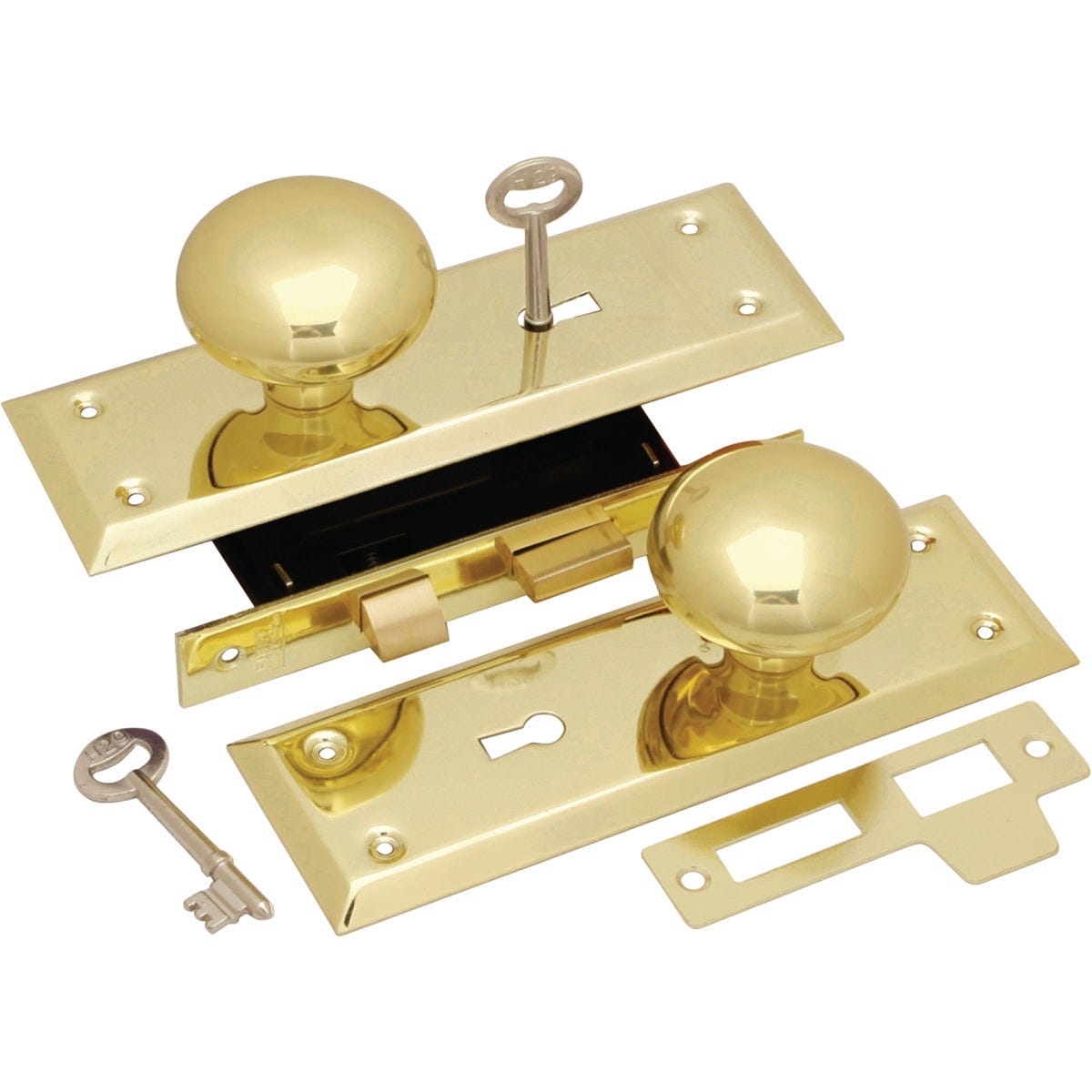 First Watch Security Brass Keyed Mortise Entry Lock Set with Brass Knob First Watch Security Brass Keyed Mortise Entry Lock Set with Brass Knob