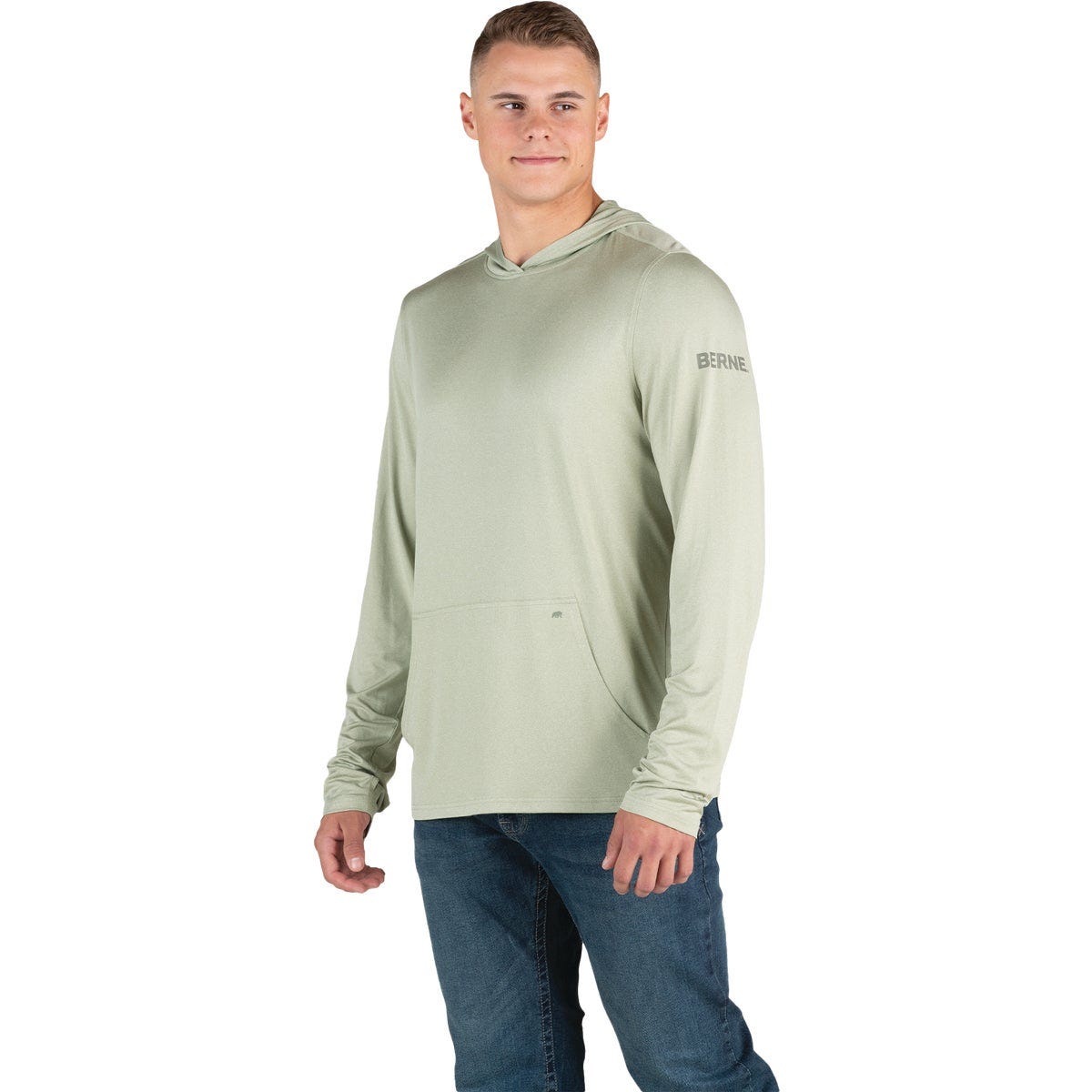 Berne Men's Large Heathered Seagrass Long Sleeve Hooded UPF Sun Shirt