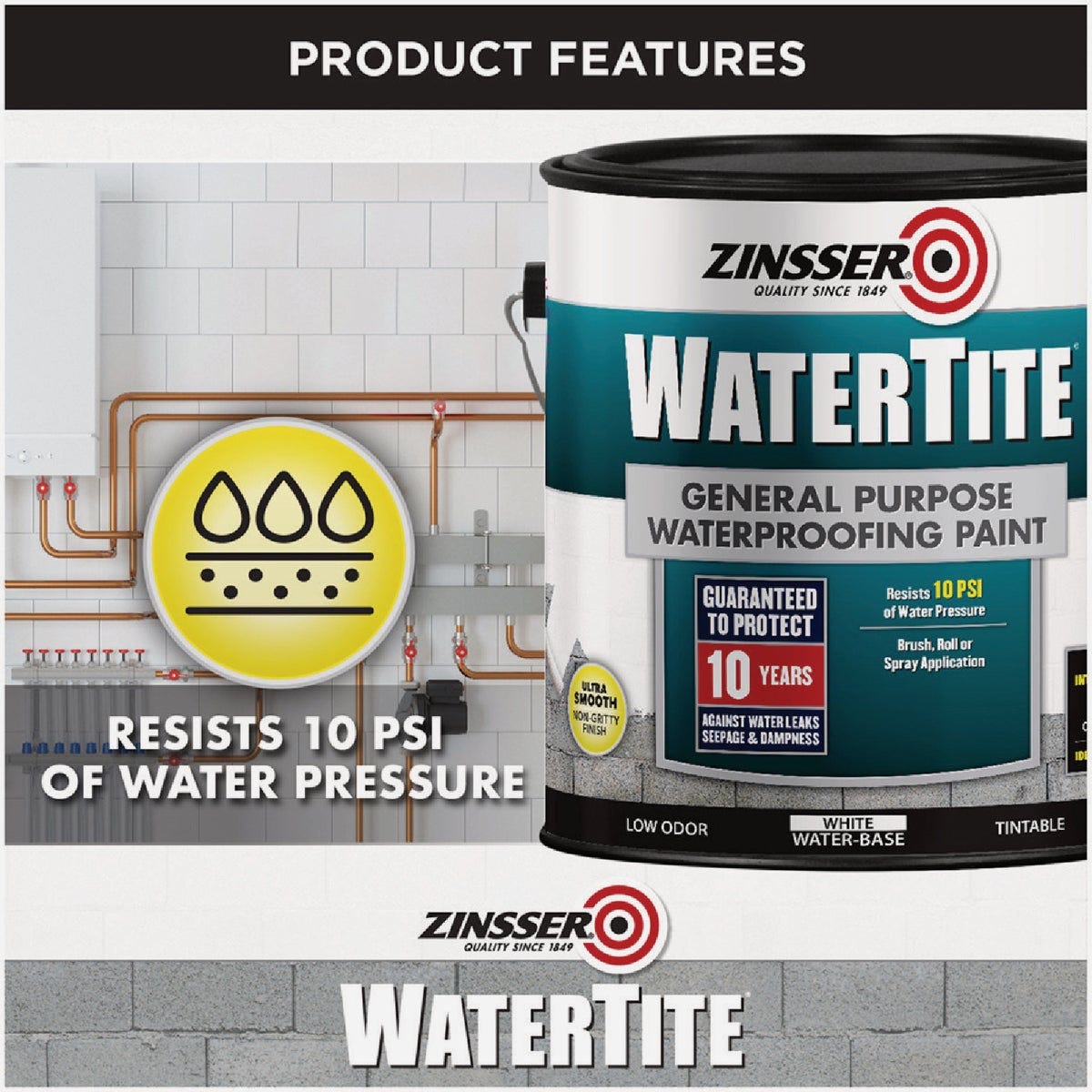 Zinsser WaterTite White General Purpose Waterproofing Paint, 1 Gal. - photo 5