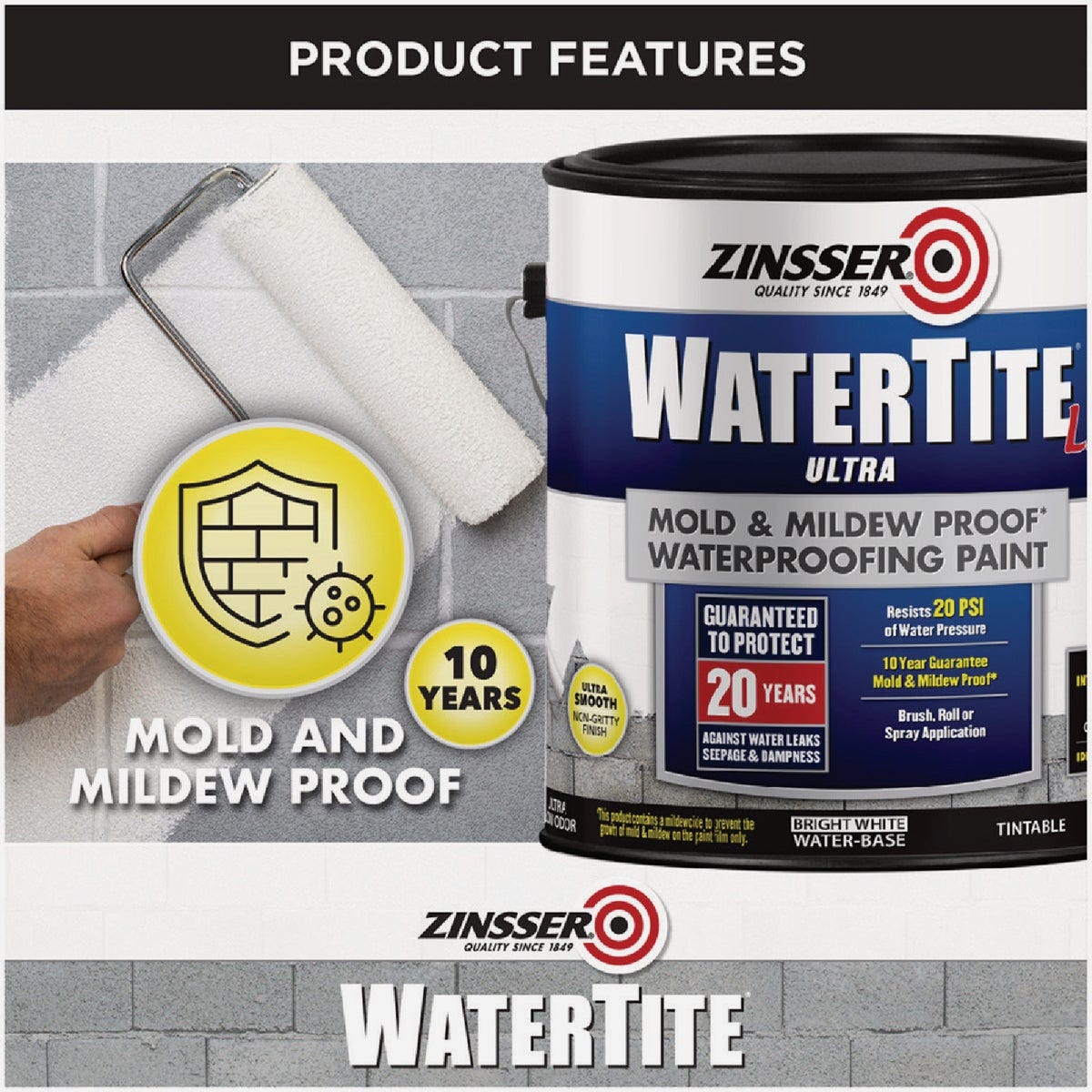 Zinsser WaterTite LX Ultra 1 Qt. Mold & Mildew Proof Bright White Waterproofing Paint - photo 5