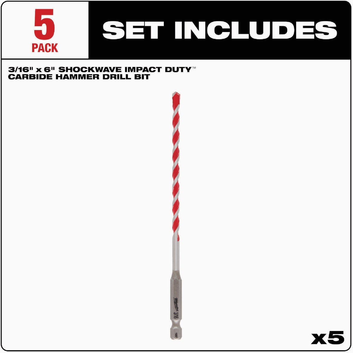 Milwaukee SHOCKWAVE 3/16 In. x 4 In. x 6 In. Impact Duty Carbide Hammer Drill Bits (5-Pack) - photo 3