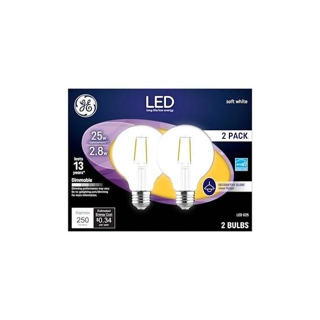 GE 2-Pack 2.8W 250 Lumens Soft White Decorative Globe LED Light Bulbs