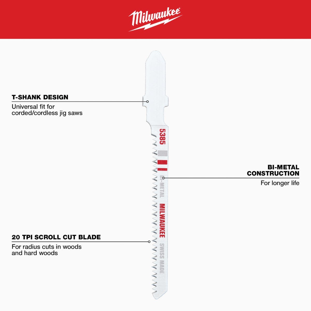 Milwaukee 3 In. x 20 TPI T-Shank Bi-Metal Jig Saw Blade for Wood (5-Pack) - photo 5 Milwaukee 3 In. x 20 TPI T-Shank Bi-Metal Jig Saw Blade for Wood (5-Pack) - photo 5
