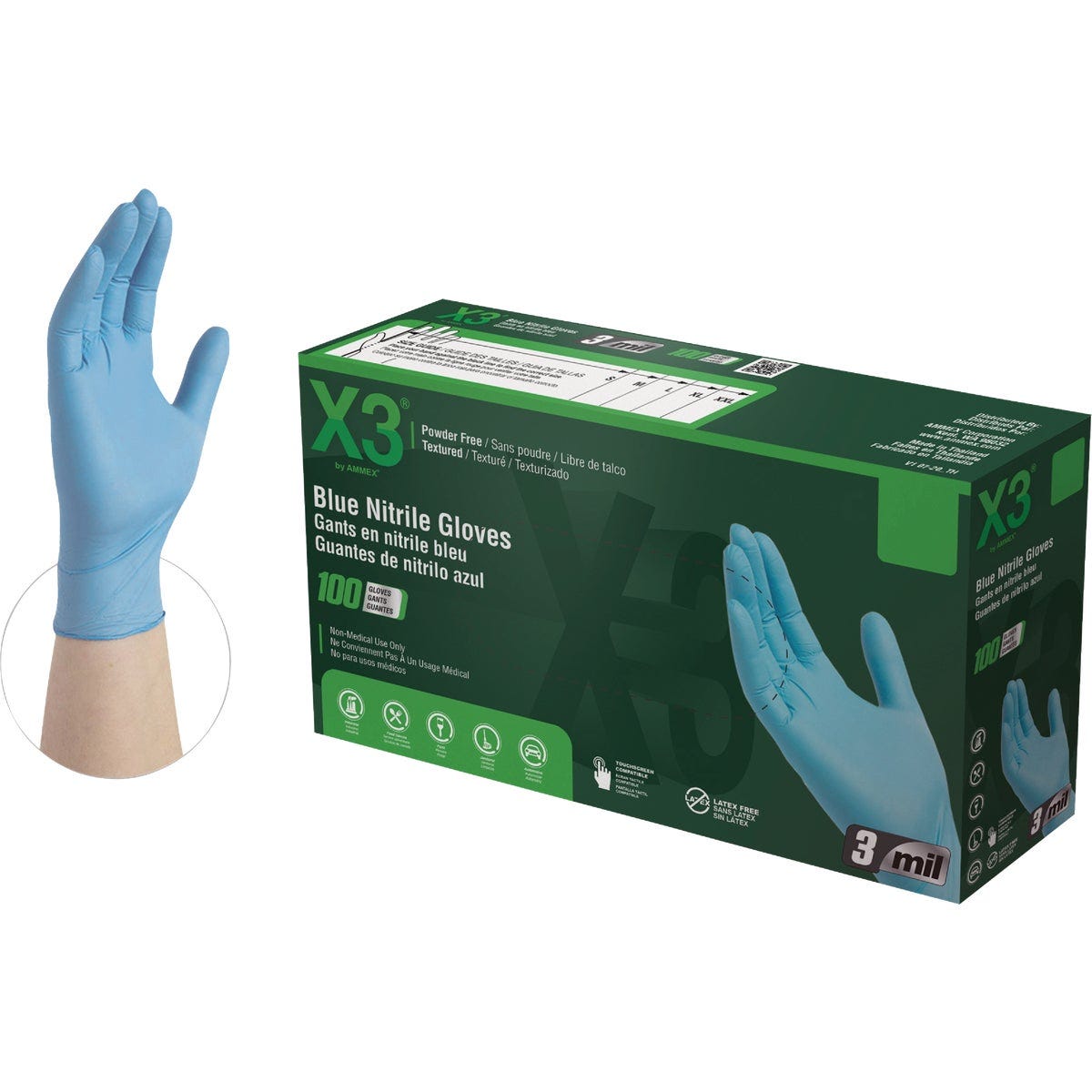 Ammex X3 Industrial Nitrile Blue XL 3 Mil. Powder Free Disposable Gloves (100-Count) - photo 2