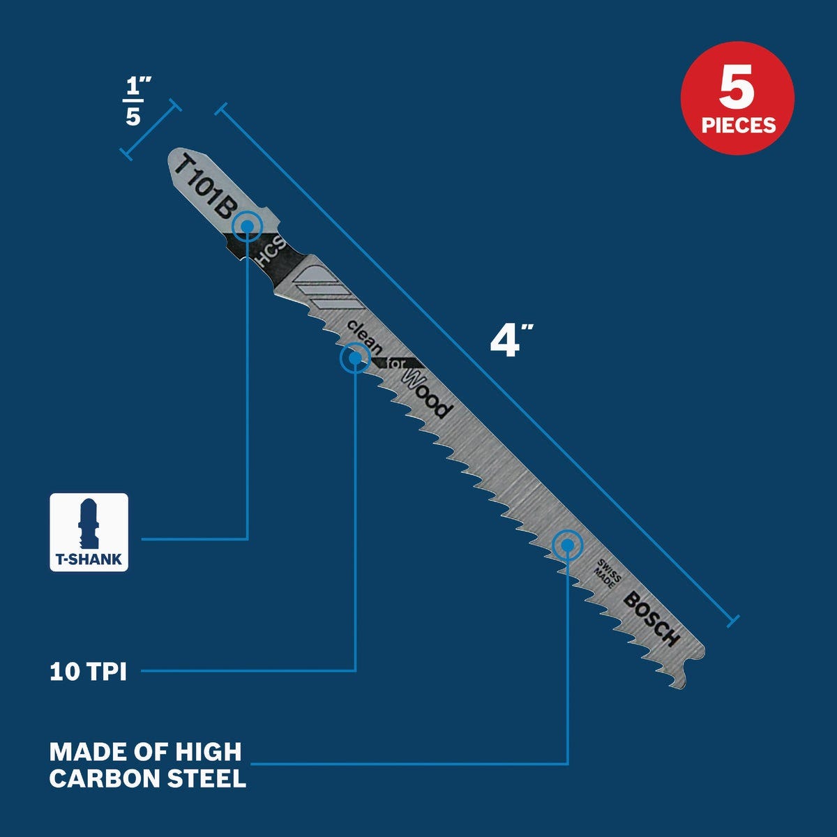 Bosch 4 In. x 10 TPI T-Shank HCS Jig Saw Blade for Wood (5-Pack) - photo 3