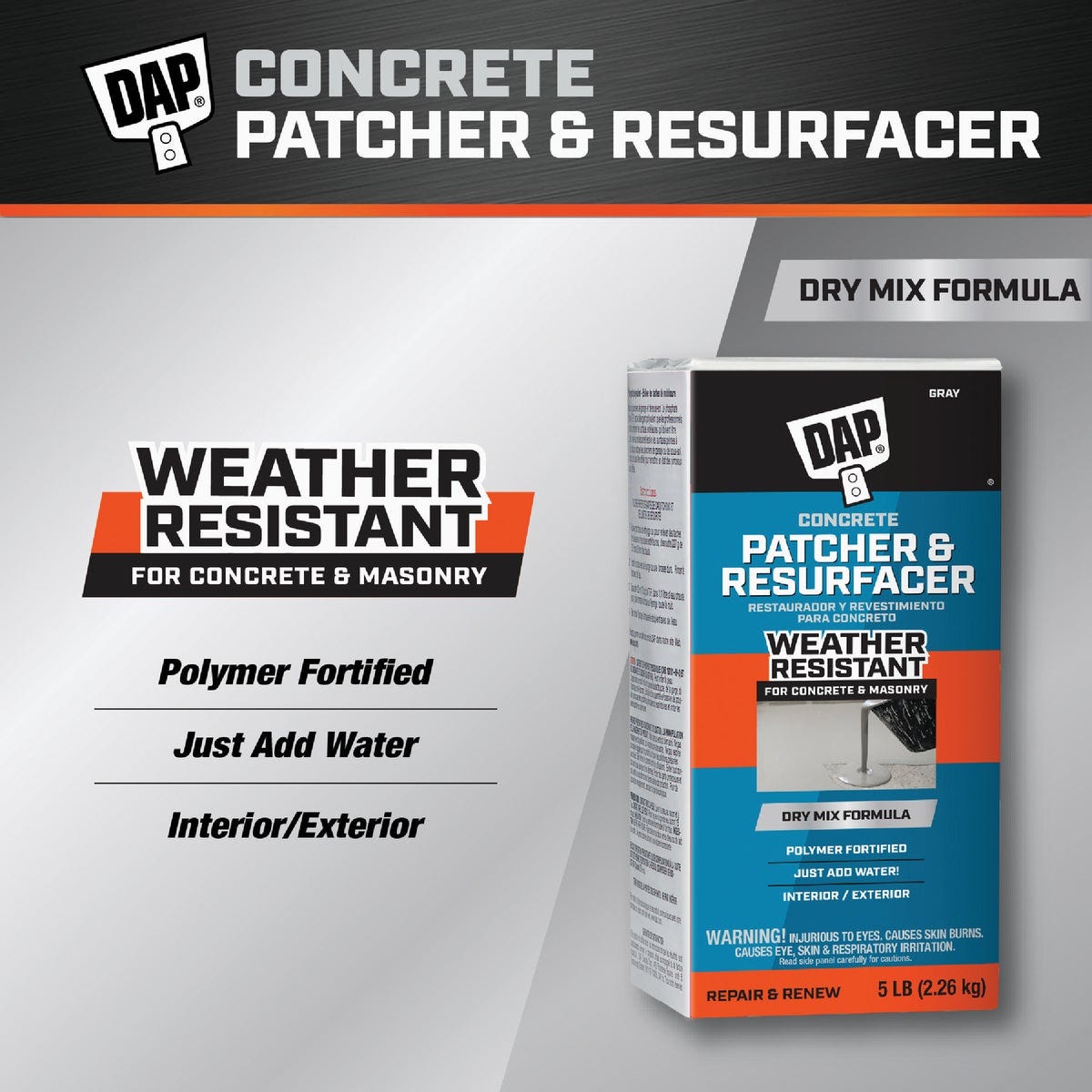 Dap 5 Lb. Concrete Patcher & Resurfacer Dry Mix, Gray - photo 2 Dap 5 Lb. Concrete Patcher & Resurfacer Dry Mix, Gray - photo 2