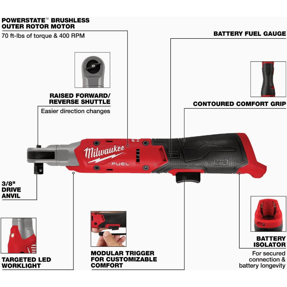 Milwaukee M12 FUEL 3/8 In. Cordless Ratchet - photo 3