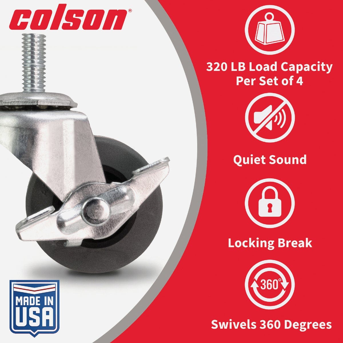Colson 2 In. Gray TPR Swivel Threaded Stem Caster with Locking Brake - photo 3