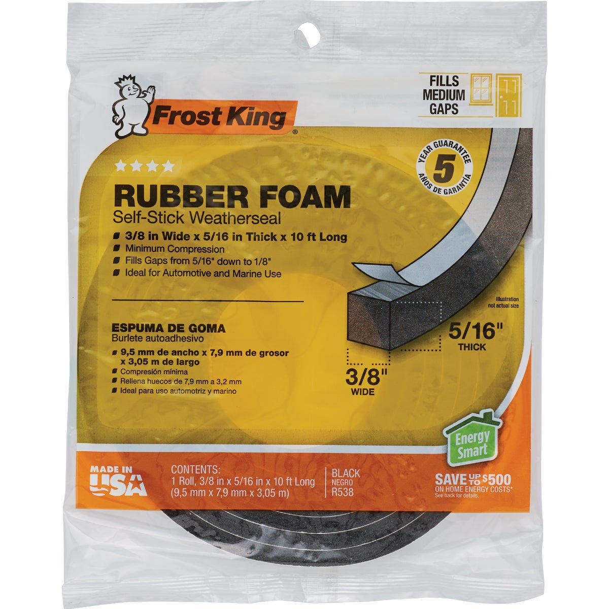 Frost King 3/8 In. W x 5/16 In. T x 10 Ft. L Black Rubber Foam Weatherstrip Tape - photo 2