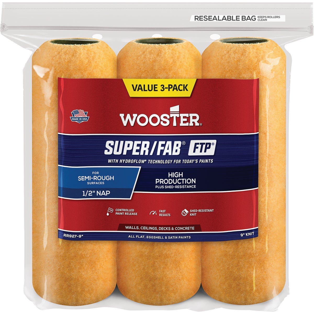 Wooster Super/Fab FTP 9 In. x 1/2 In. Knit Fabric Roller Cover (3- Pack)