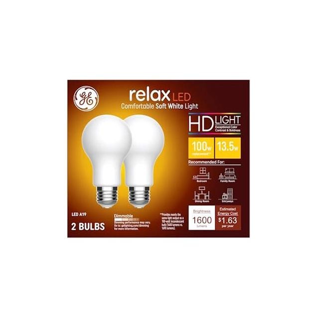 GE 13W Soft White A19 Medium Base 1600 Lumens Relax HD+ LED Light Bulb (2-Pack)