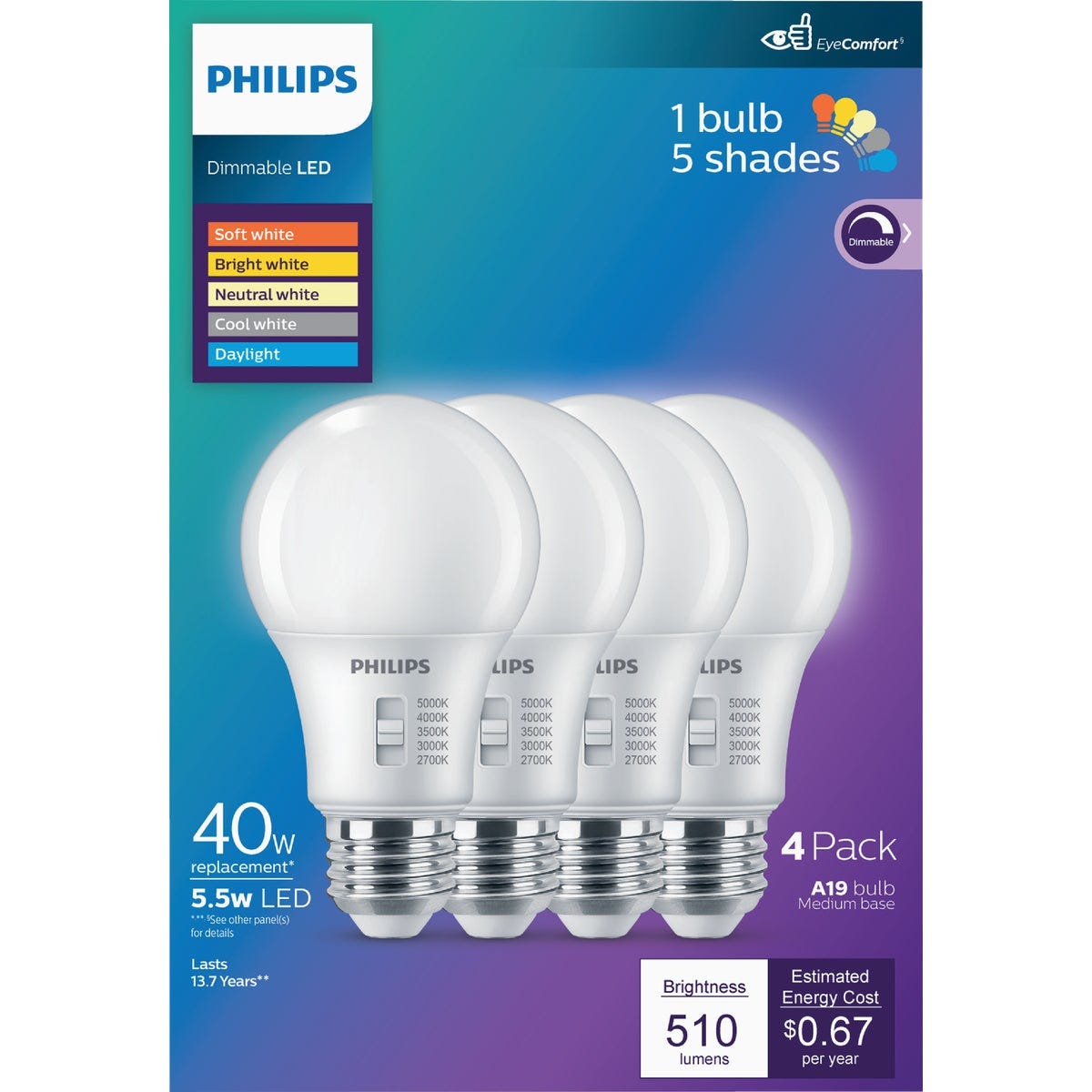 Philips 40W Equivalent 5 CCT A19 Medium Dimmable LED Light Bulb (4-Pack) - photo 2 Philips 40W Equivalent 5 CCT A19 Medium Dimmable LED Light Bulb (4-Pack) - photo 2