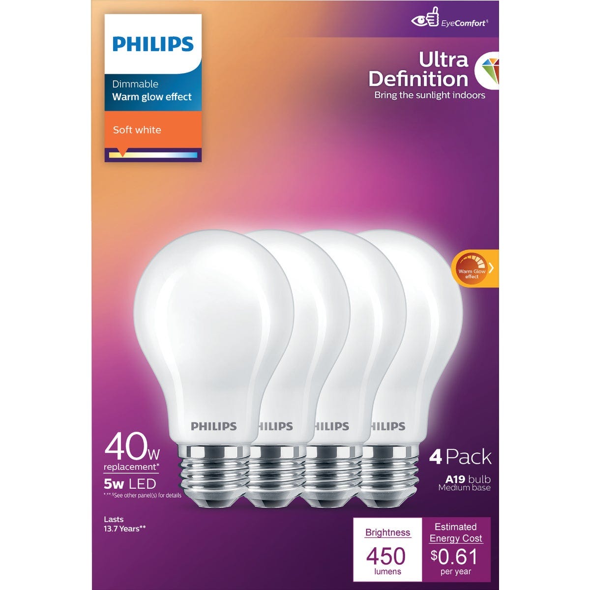 Philips Ultra Definition 40W Equivalent Soft White A19 Medium LED Light Bulb, Frosted (4-Pack) - photo 2